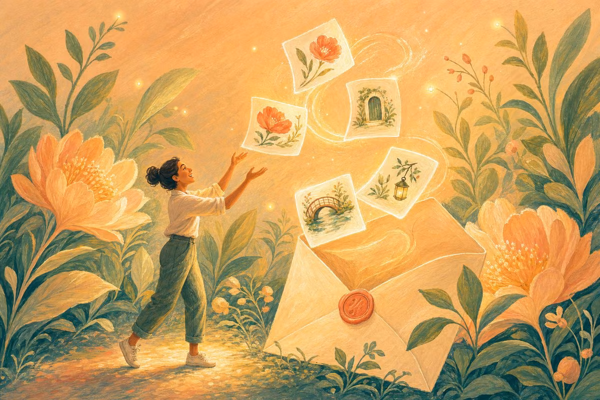Une enveloppe ouverte dans le jardin laisse s’envoler de petites fiches illustrées qu’une personne attrape avec joie.