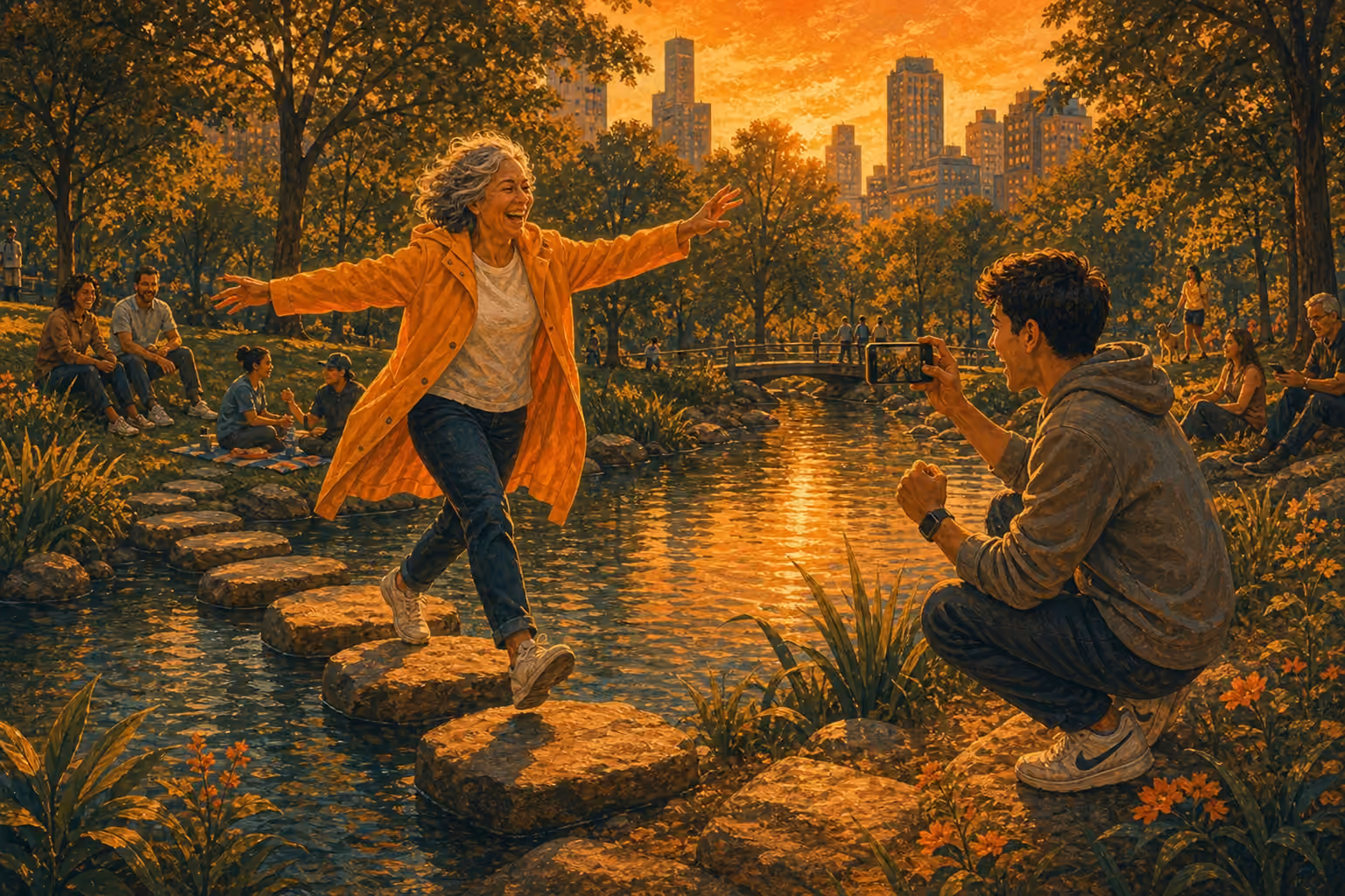 Une femme dans la cinquantaine, cheveux gris bouclés et imperméable orange, traverse un bassin de parc en sautant de pierre en pierre, les bras grands ouverts et rayonnante. Accroupi sur la berge, un jeune homme la filme avec son téléphone et lève le poing pour l’encourager.