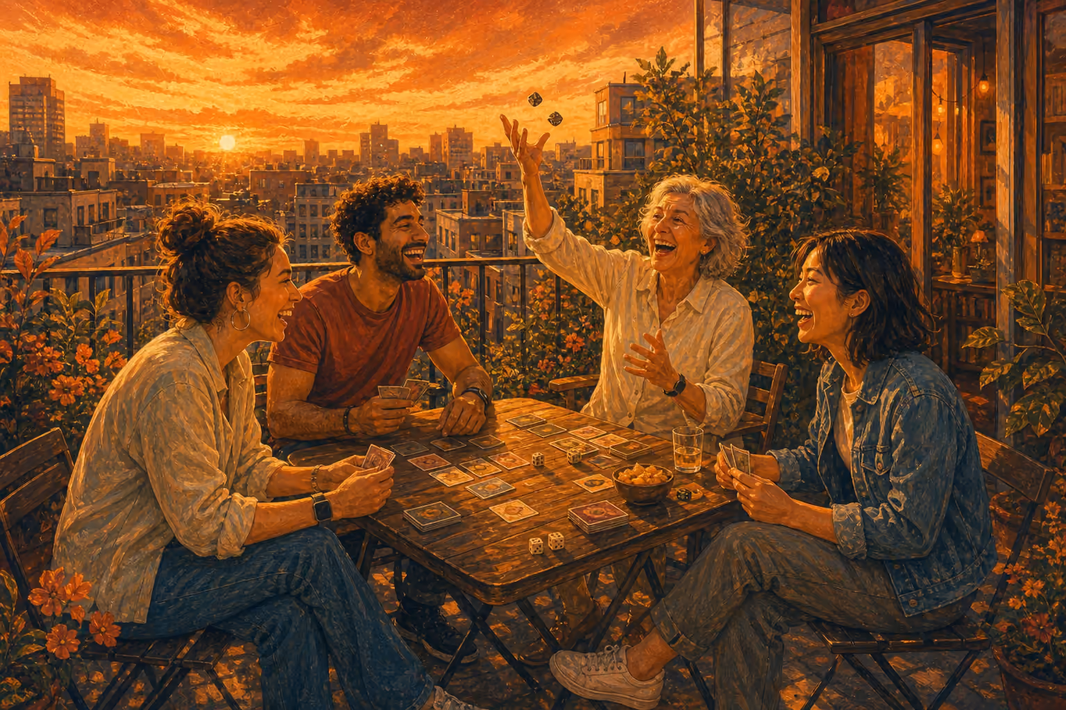 Sur un balcon dominant la ville au coucher du soleil, quatre amis d’âges et d’origines variés jouent aux cartes et aux dés autour d’une petite table pliante. Une septuagénaire aux cheveux blancs lance deux dés en l’air et tout le monde rit.