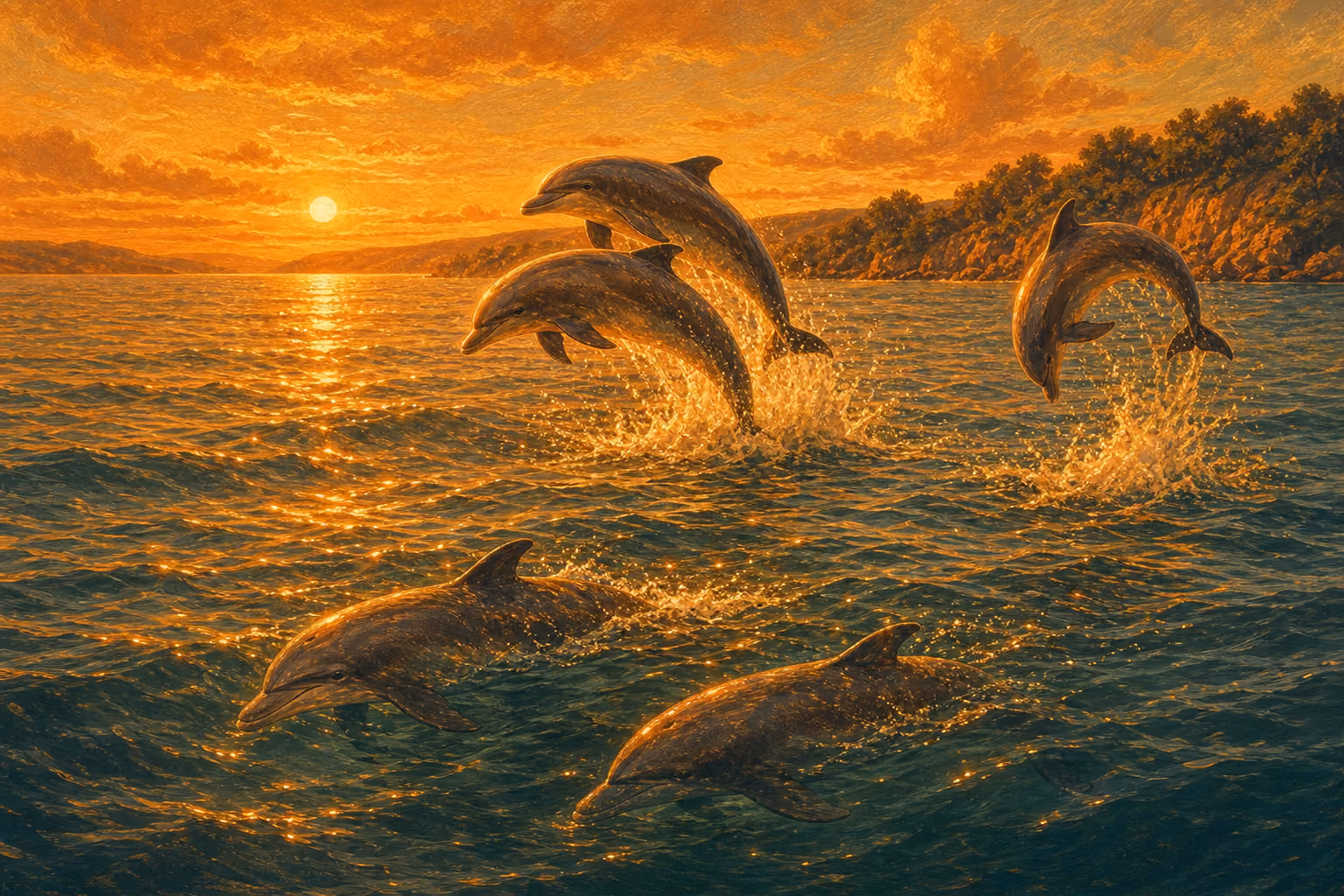 Dans une baie ensoleillée à l’heure dorée, cinq dauphins jouent ensemble : deux bondissent côte à côte hors de l’eau, un troisième s’arque dans les airs au milieu des éclaboussures et deux autres glissent à la surface scintillante, la côte boisée au loin.