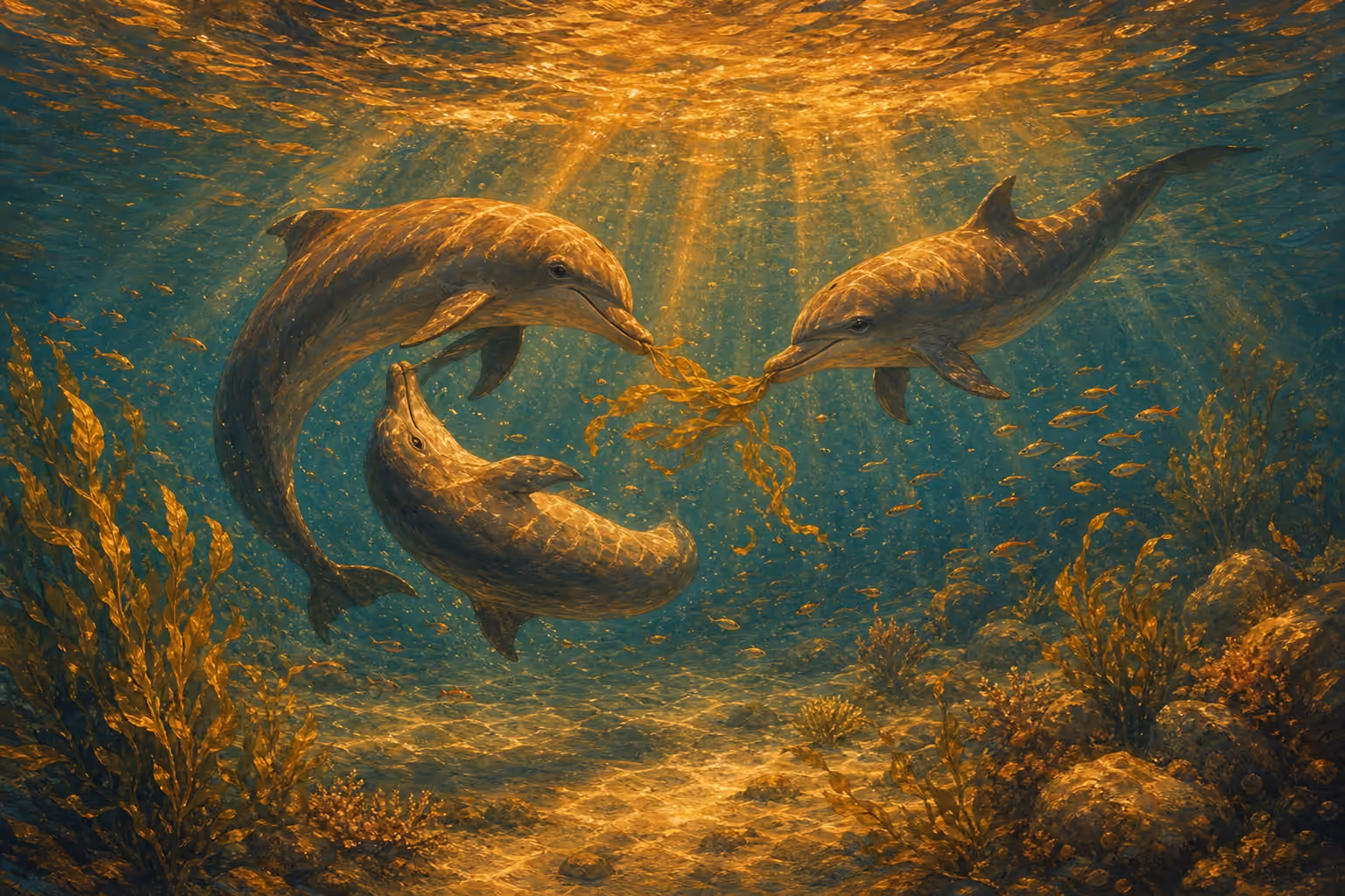 Sous l’eau, dans des hauts-fonds clairs traversés de rayons dorés, trois dauphins jouent ensemble : deux s’enroulent ventre contre ventre en spirale pendant que le troisième leur tend un brin d’algue qu’ils tiennent ensemble comme un jouet.