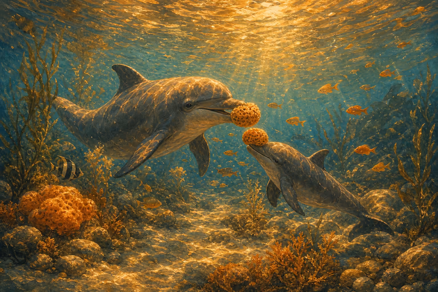 Sous l’eau, dans des hauts-fonds ensoleillés, une mère dauphin et son petit se font face, chacun portant une éponge de mer orange en équilibre sur le museau, entourés de petits poissons et d’algues dorées.