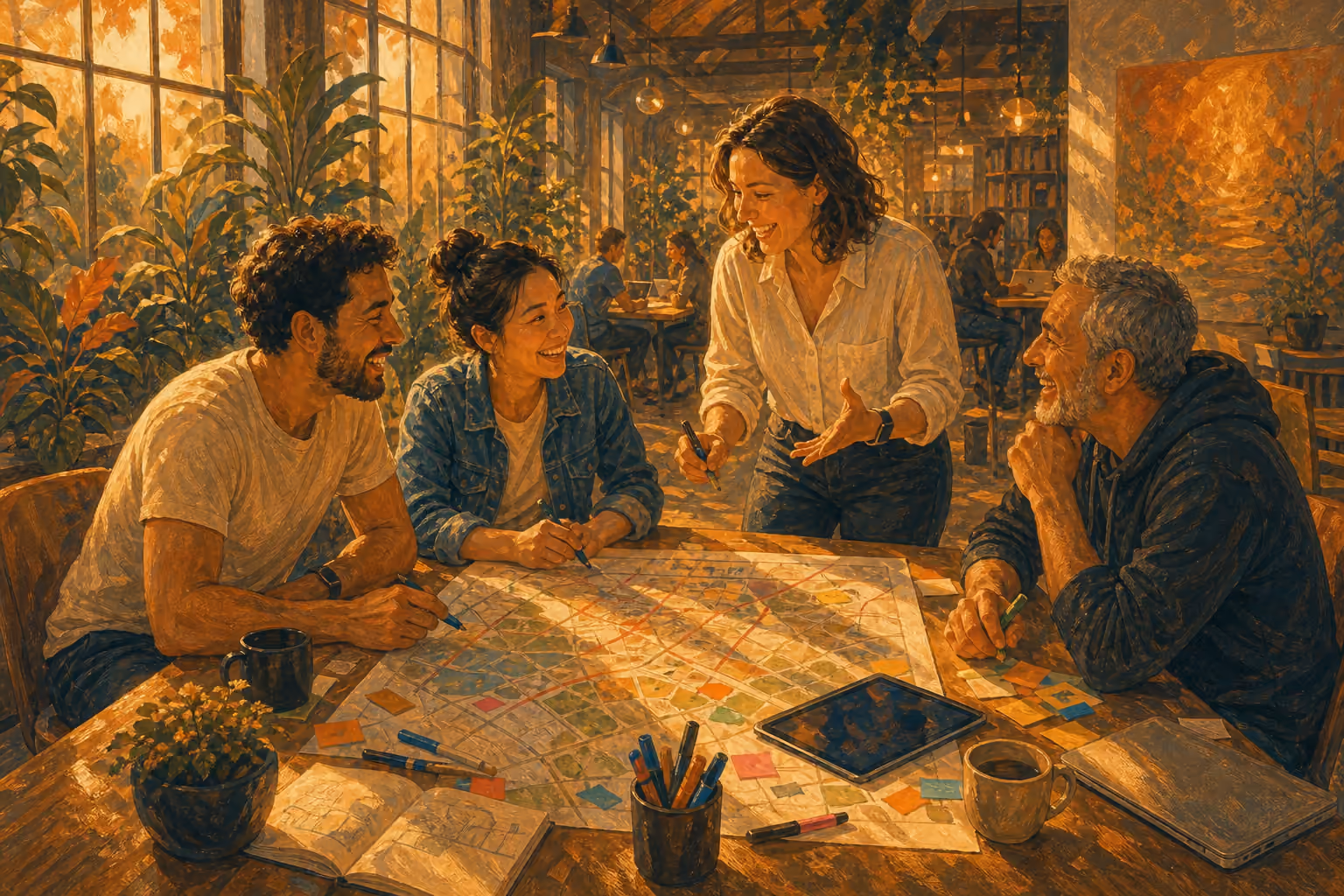 Autour d’une grande table de travail partagé, quatre personnes — deux femmes et deux hommes, de la vingtaine à la soixantaine — se penchent sur une grande carte de jeu en papier couverte de cases colorées, avec des marqueurs, un carnet et une tablette. Debout, une femme présente une idée et les autres rient.