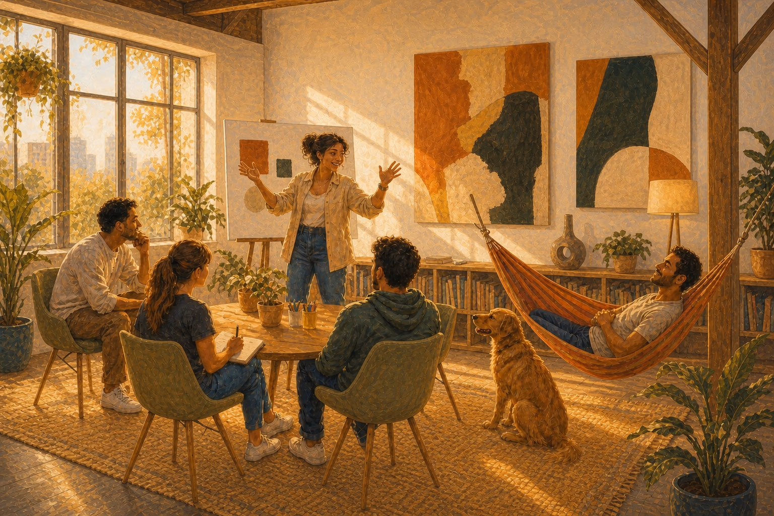 Dans un atelier lumineux aux poutres de bois et aux grandes fenêtres, deux vastes toiles abstraites en terracotta, ocre et vert profond sont accrochées au mur : une femme en chemise de lin et jeans explique les mains ouvertes devant un tableau blanc; trois adultes l’écoutent autour d’une table ronde, l’un la main sur le menton, une autre prenant des notes au crayon; dans un coin, un homme allongé dans un hamac rayé lui sourit et un golden retriever, assis sur le tapis tressé, regarde dans la même direction.