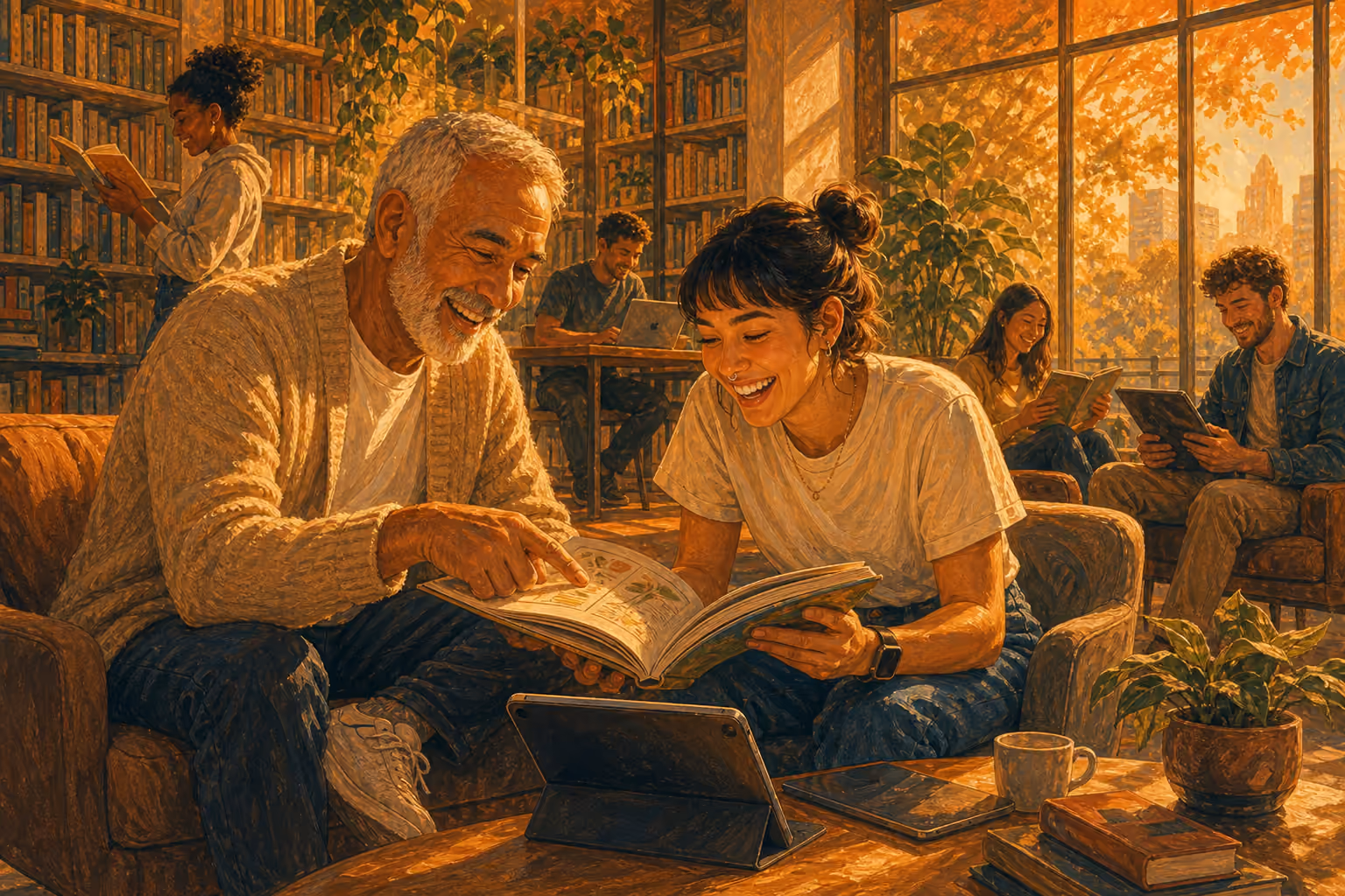 Dans une bibliothèque lumineuse aux hautes étagères, un homme âgé en cardigan crème pointe du doigt la page d’un manuel illustré qu’une jeune femme tient ouvert en riant. Une tablette posée sur la table basse montre une leçon en pause, et d’autres personnes lisent près des grandes fenêtres.