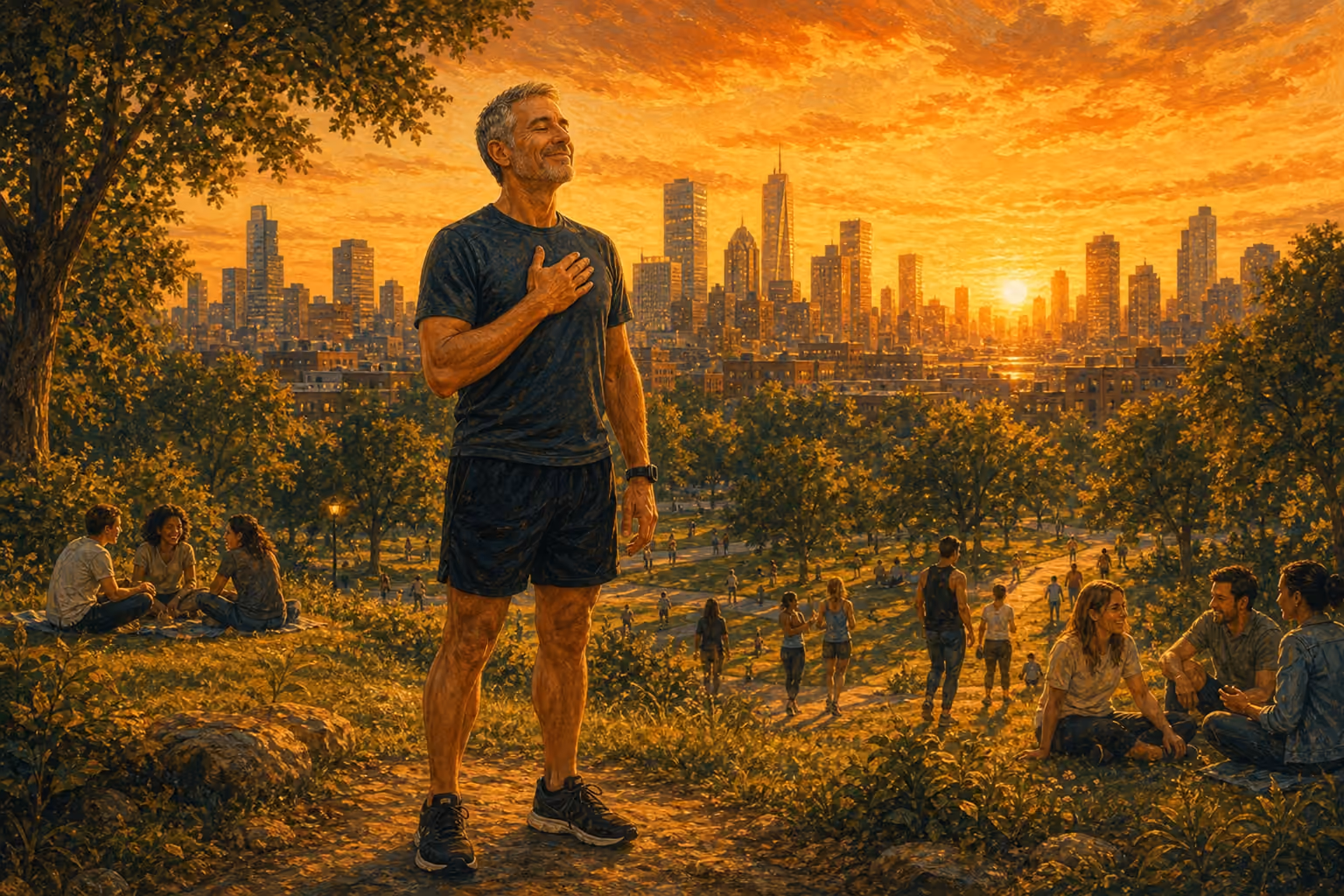Sur une colline de parc, devant les gratte-ciel et un ciel orangé, un homme dans la cinquantaine en tenue de course se tient droit, les yeux fermés et la main sur le cœur, respirant profondément, serein et confiant. Plus bas, des promeneurs et des coureurs suivent les allées.
