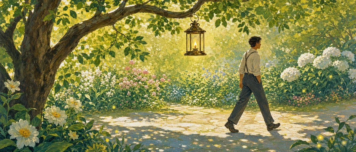 Illustration — une lanterne allumée pend à une branche au-dessus d’un sentier, en plein jour