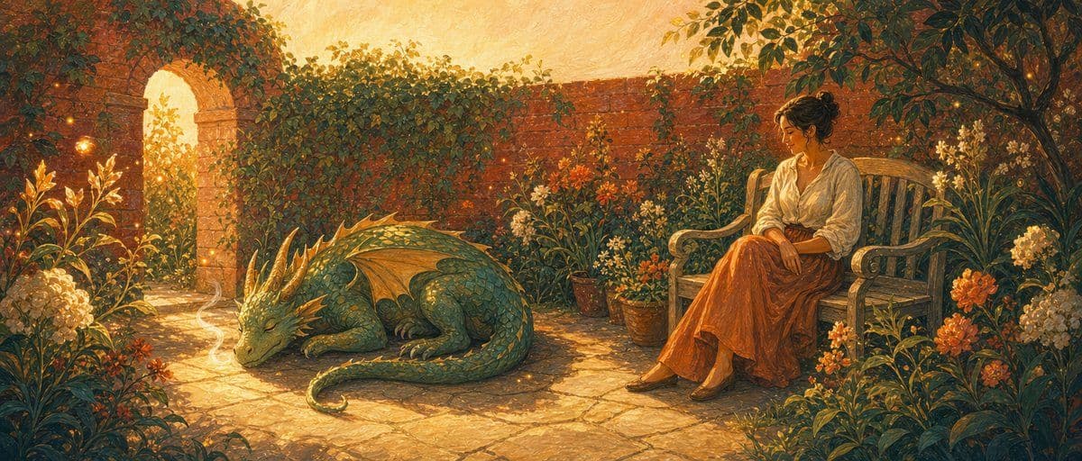 Illustration — un petit dragon apprivoisé se repose dans un jardin, près d’une femme sereine