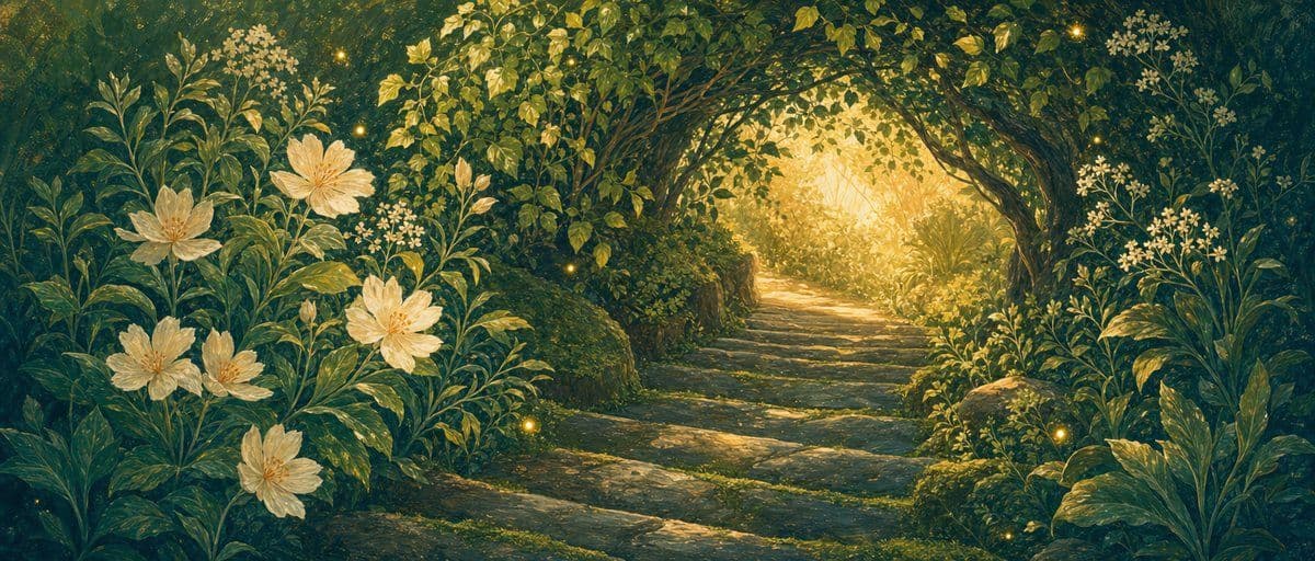 Illustration — un escalier de pierre descend en douceur sous une arche de verdure