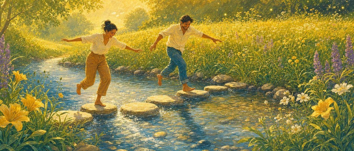 Illustration — deux adultes rient en marchant sur des dalles de pierre au fil de l’eau