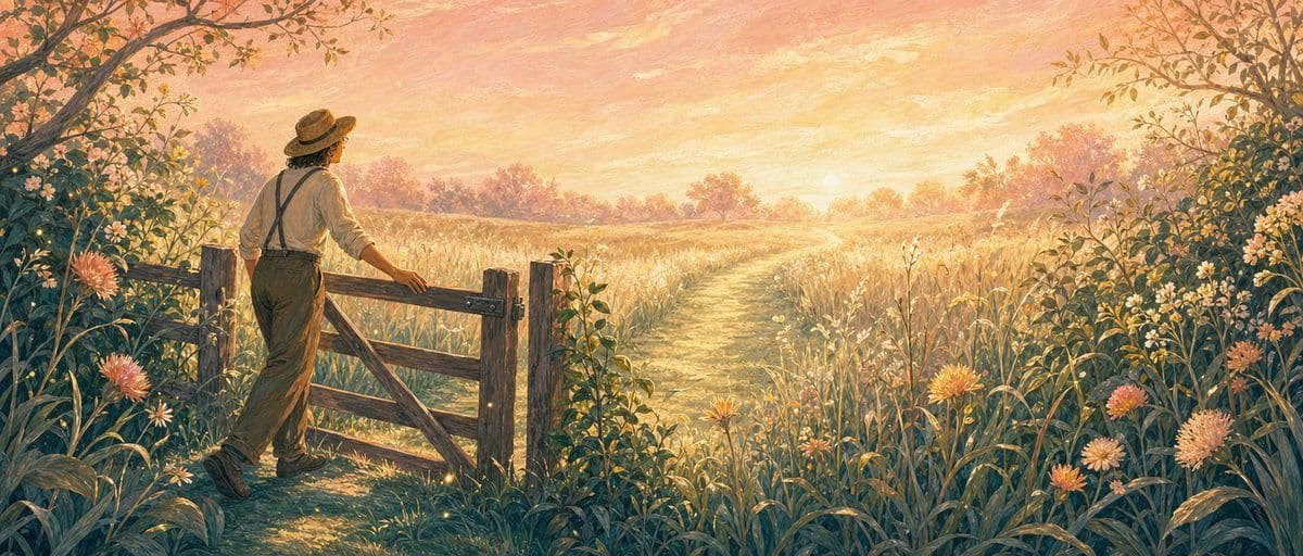 Illustration — une clairière au petit matin, la porte du jardin entrouverte