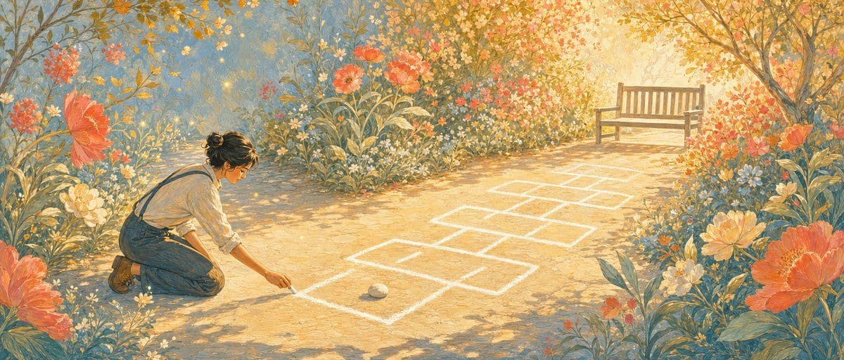 Illustration — un jeu de marelle tracé à la craie sur une allée de jardin