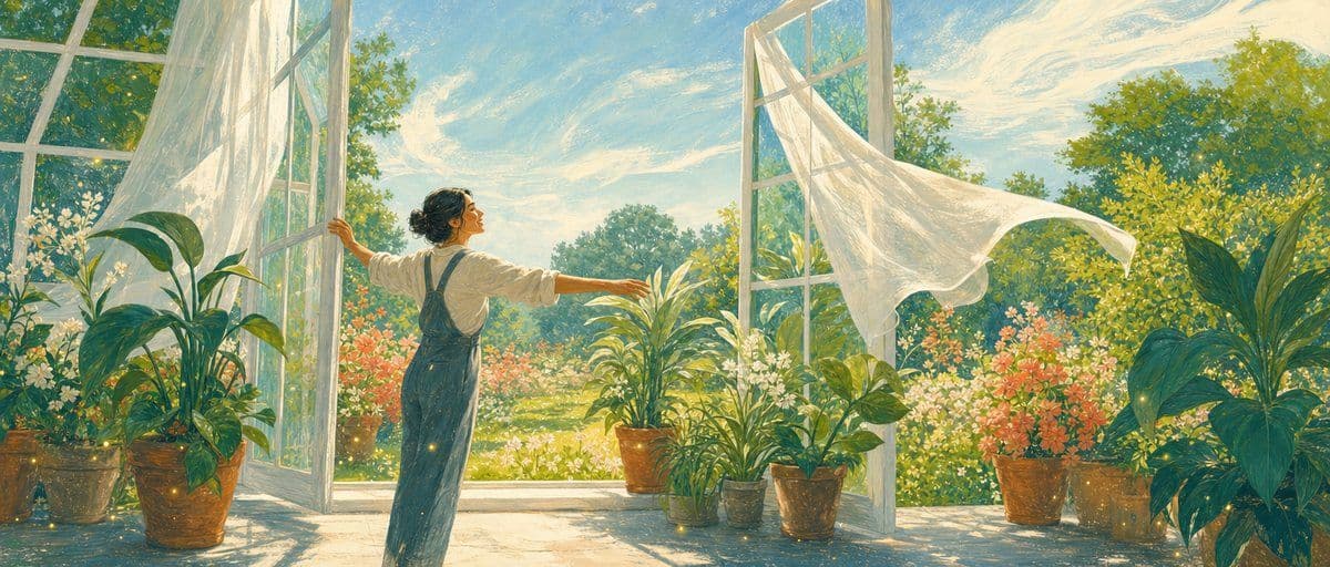 Illustration — une fenêtre de serre s’ouvre en grand sur un jardin en fleurs