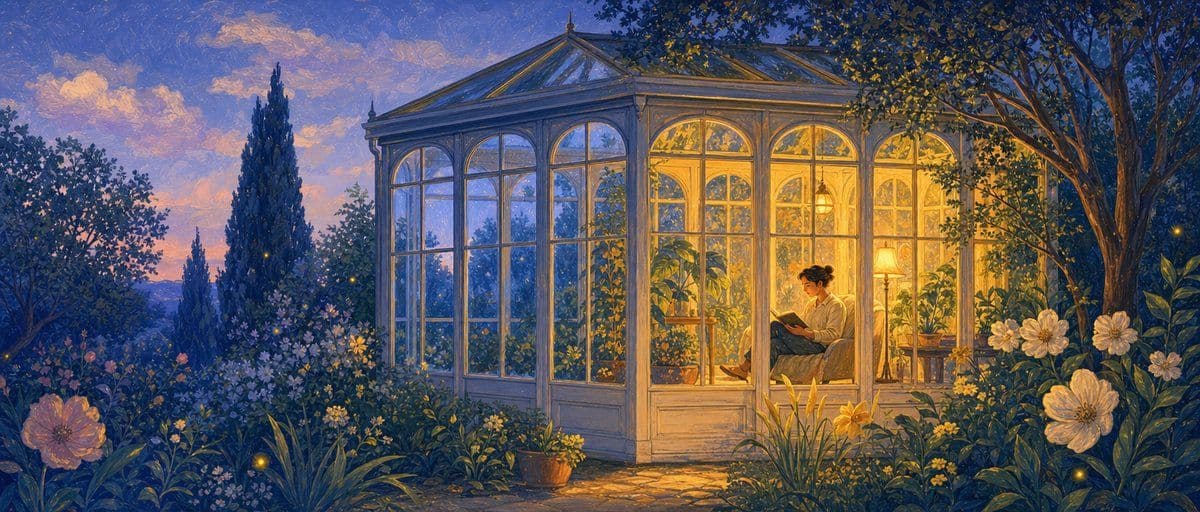 Illustration — une maison de jardin dont les fenêtres passent du jour à la lumière chaude