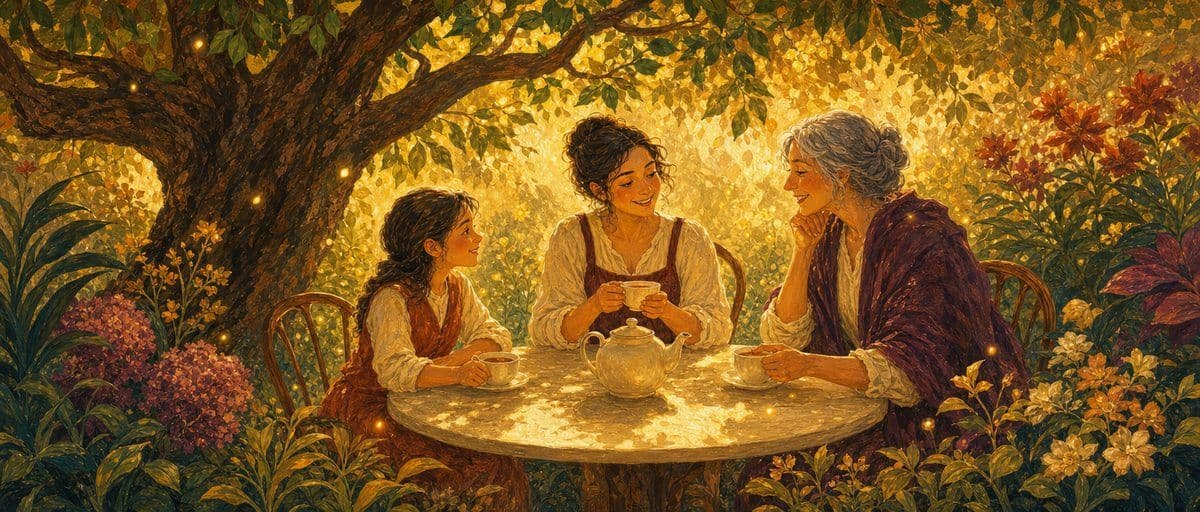 Illustration — trois personnes d’âges différents partagent une même table sous un arbre
