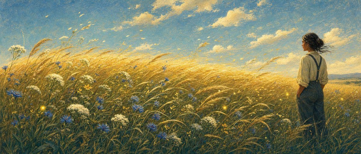 Illustration — un champ d’herbes hautes qui s’incline sous une brise, en vagues souples