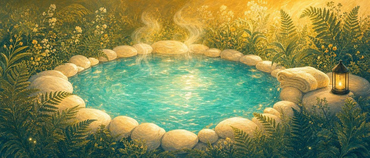 Illustration — un bassin de jardin lumineux entouré de pierres et de fougères